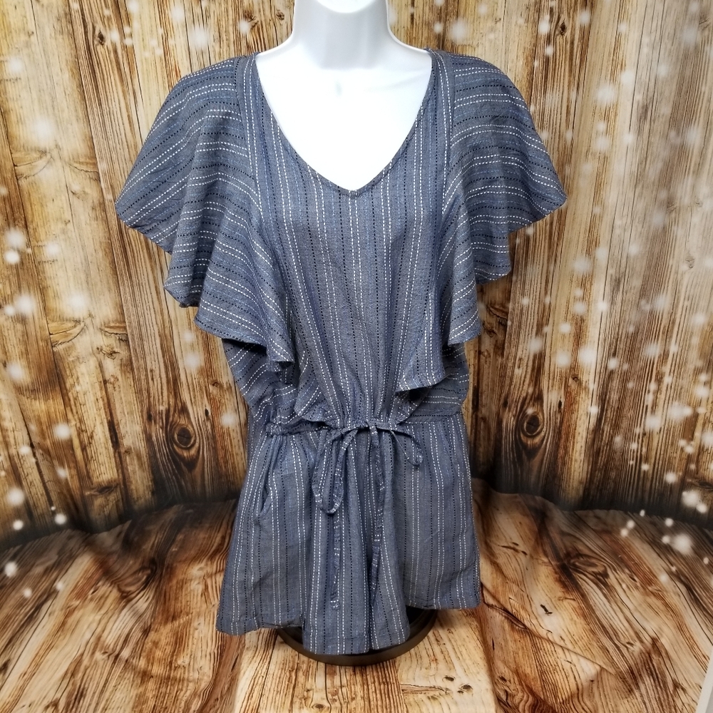 Mud Pie Chambray Women's Sm Short Sleeve Prairie Ruffle Adjustable Waist Romper